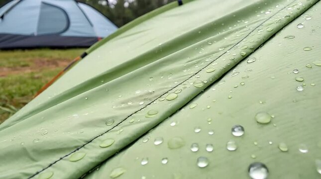 Light green rip stop fabric for tents with water-repellent properties and raindrop patterns.