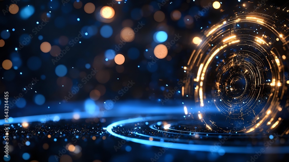 Poster glowing circular technology pattern with blue and gold light trails against dark background, creatin