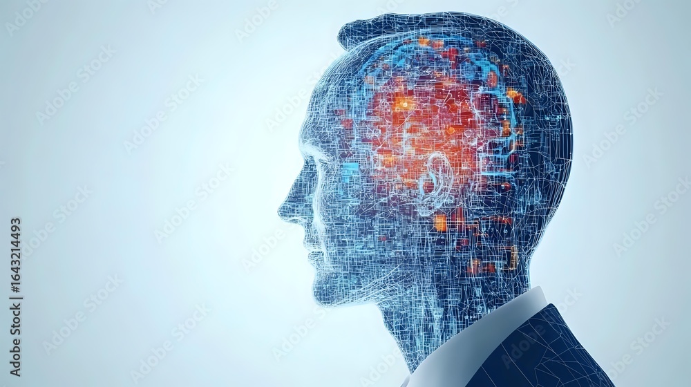 Poster digital profile silhouette of businessman with glowing neural network pattern inside head showing ar