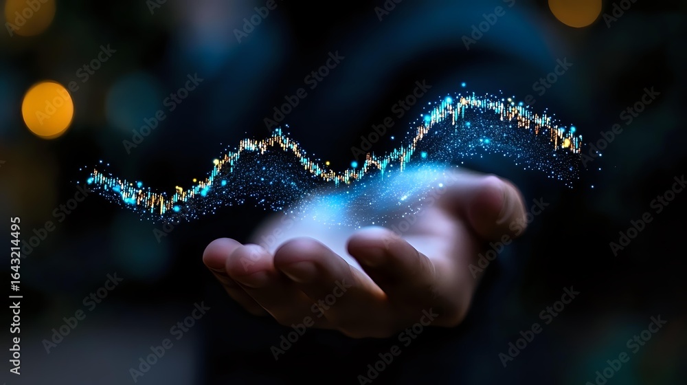 Poster glowing blue energy wave floating above open palm against dark background with bokeh lights creates 