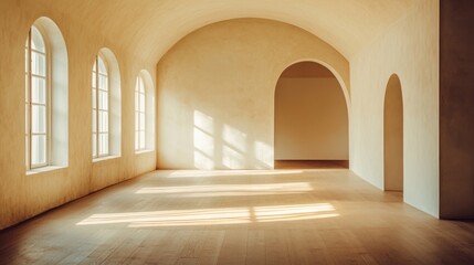 Fototapeta premium A modern, empty room with arched doorway. Sunlight streams in, highlighting the wooden floor. It could be a living room, office, or gallery. 