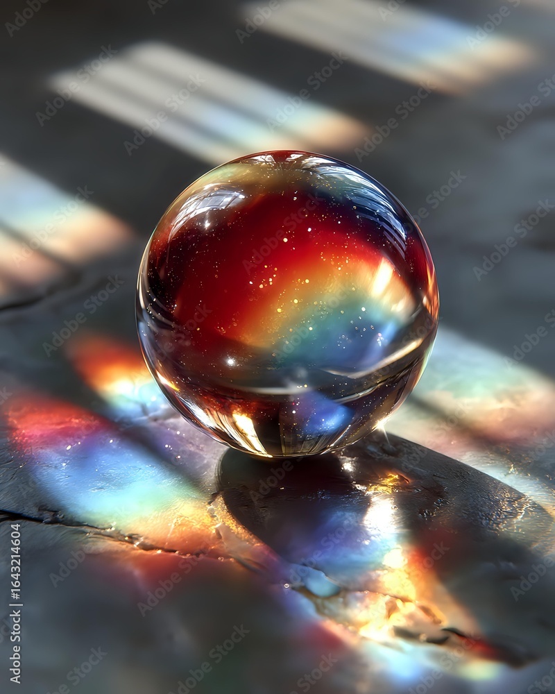 Poster crystal glass sphere reflecting rainbow light spectrum through window prism effect on dark surface w