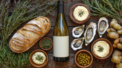 inviting display features selection of fresh oysters artisan bread bottle of wine and various herbs on rustic wooden table. Perfect for gourmet gathering.