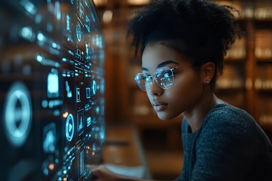 Young African American woman in glasses analyzing digital data visualization on futuristic transparent display screen in modern office environment.
