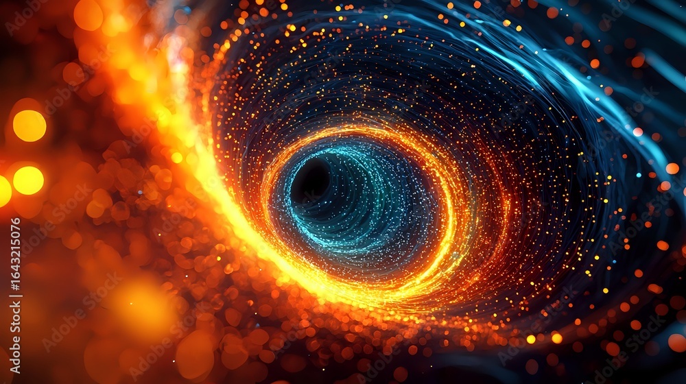 Poster mesmerizing spiral vortex combining fiery orange and cool blue energy streams with glowing particles