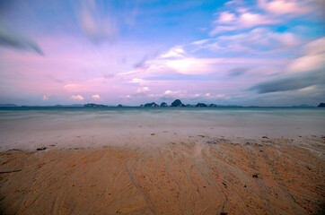Beautiful sunrise from Tubkaek Beach in Krabi Province, Thailand, with the islands of Than Bok Khorani National Park