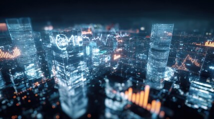 Futuristic Cityscape with Financial Data Overlays: A Vision of Technology and Urban Innovation
