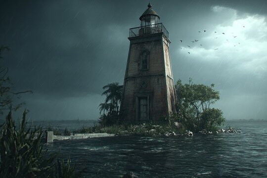 Abandoned lighthouse on a small island in stormy water