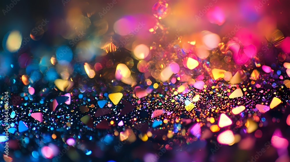 Poster vibrant multicolored glitter particles with bokeh effect on dark background creating magical festive