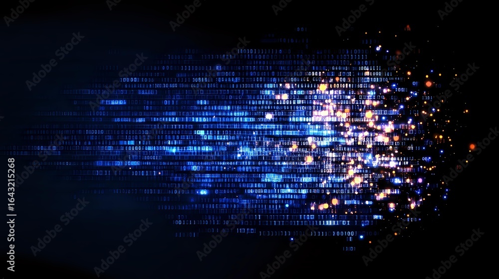 Poster digital binary code stream with glowing blue light particles and orange sparks flowing on dark backg