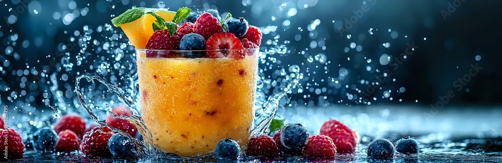 Poster fresh mango smoothie topped with mixed berries and mint leaves against dark background with water dr