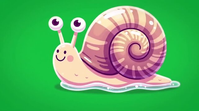 Cartoon snail with a spiral shell and googly eyes on a solid green background