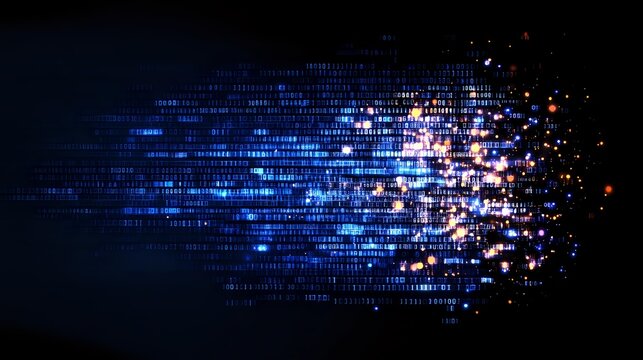 Digital binary code stream with glowing blue light particles and orange sparks flowing on dark background, representing data transmission and technology.