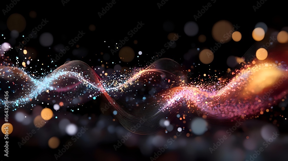 Poster glowing magical wave of sparkling particles flowing on dark background with bokeh lights creating et