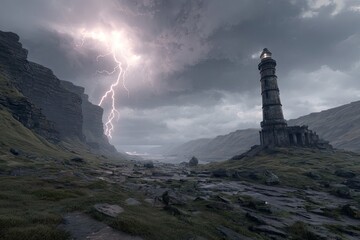 Stormy landscape with ancient lighthouse