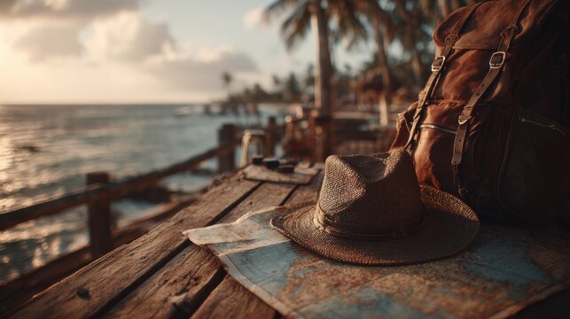 A serene travel scene featuring a backpack, hat, and map on a wooden table with a tranquil ocean backdrop.