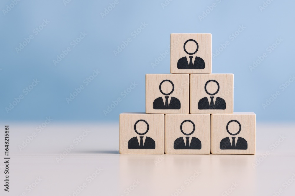 Poster hierarchy structure on wooden blocks displaying corporate leadership and business management for org