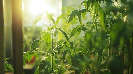 Naklejka premium Fresh green tomato plants growing in greenhouse with soft sunlight streaming through leaves, creating natural bokeh effect and peaceful garden atmosphere.