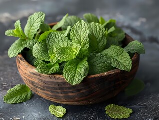 Fresh green mint leaves in rustic wooden bowl on dark stone background, aromatic herbs for cooking, cocktails and natural medicine.