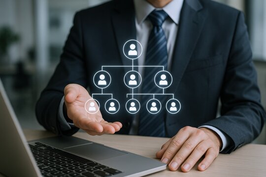 Business Professional Presenting Organizational Chart Concept, Depicting Hierarchy and Structure in Modern Corporate Setting