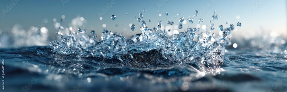 Poster abstract splash of water droplets creating a crown-like shape on blue gradient background