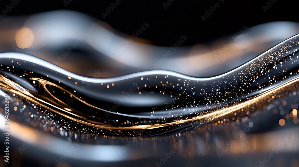 Poster elegant flowing waves of gold and silver liquid with sparkling particles create dynamic abstract bac