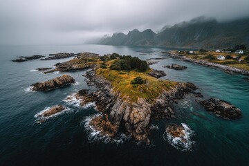 Obraz premium Rocky islands, misty mountains, and a tranquil ocean