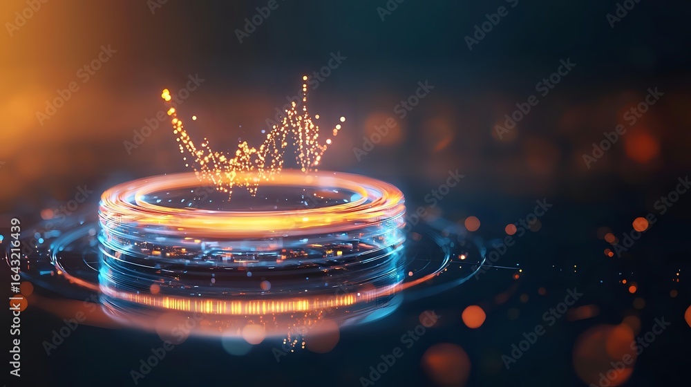 Poster glowing magical ring with light sparkles and energy waves creating mystical atmosphere against dark 