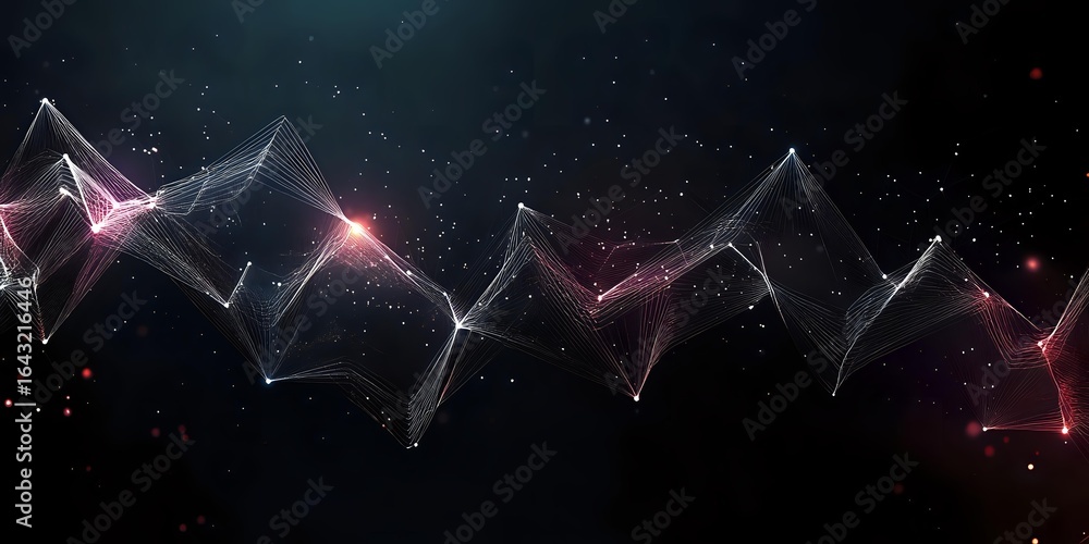 Poster abstract geometric plexus wave with glowing particles and connected lines on dark background, digita
