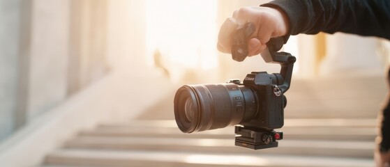 The hand holding a professional camera against a sunlit backdrop