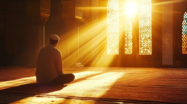 A Muslim man prays in a sunlit mosque.  The scene suggests a holy time like Ramadan.

