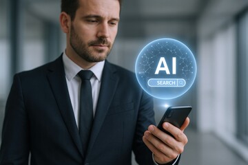 Man Using Artificial Intelligence Search on Smartphone, Navigating Digital Future in Business Setting