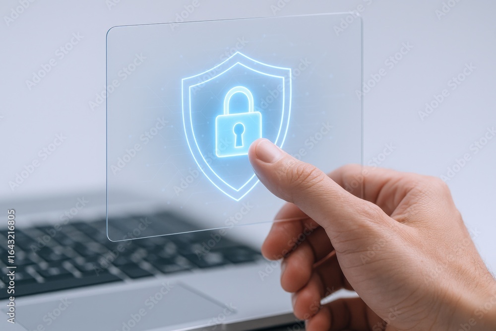Poster data security concept: hand touching a transparent screen with shield and padlock icon