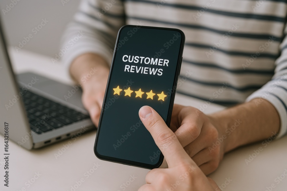 Poster customer reviews displayed on mobile device with five star rating for online reputation management