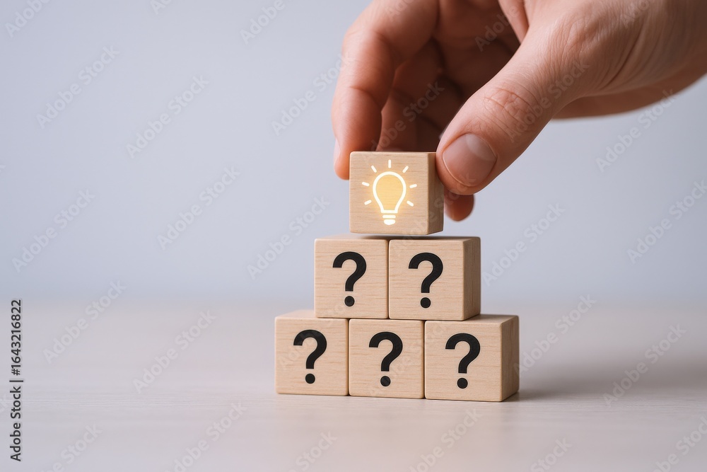 Poster conceptual solution: hand placing lightbulb block atop question mark blocks for idea generation