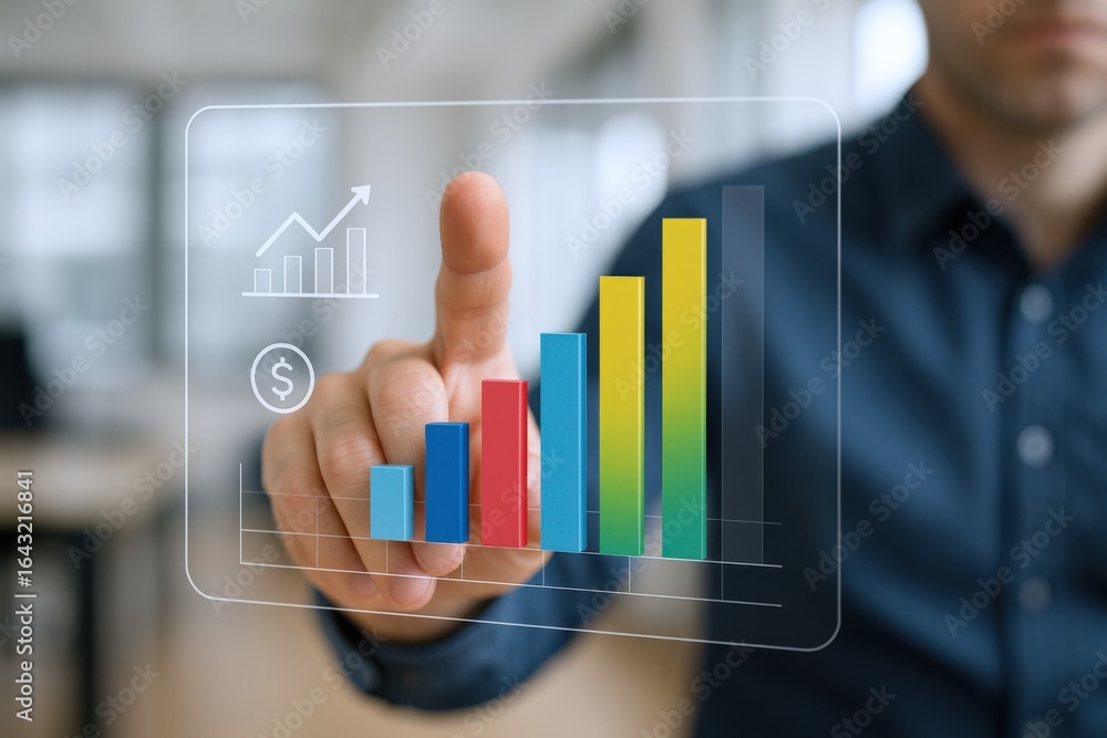 Poster analyzing business growth: man interacting with a digital graph displaying financial performance and