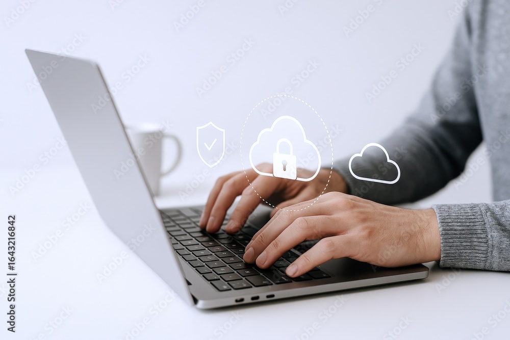 Poster hands typing on laptop with cloud security overlay: data protection and secure computing