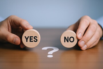 Decision Making Concept: Person Holds 'Yes' and 'No' Discs Above Question Mark