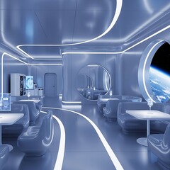 The interior of a modern, minimalist lounge aboard a spaceship, with integrated seating, glowing white lights, and a porthole window showing a view of Earth from orbit. A sci-fi concept.