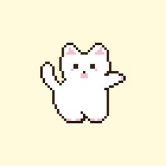 8-bit pixel art white cat isolated with yellow background, cute kitty, perfect for pet-themed designs, stickers, icons, game asset, wallpaper, template card and background. Simple and cute card.