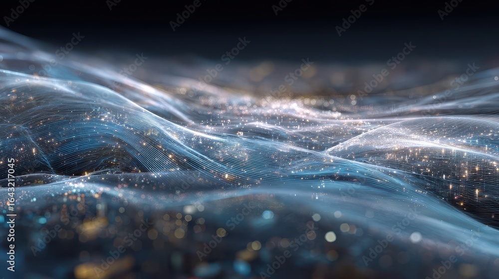 Poster glowing particles flow background. abstract data, digital science tech use