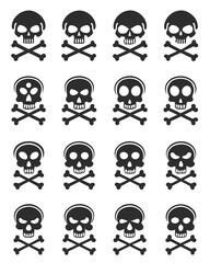 Set of sixteen skull and crossbone icons isolated on white background, representing death, danger, and halloween, with various styles and expressions for design purposes