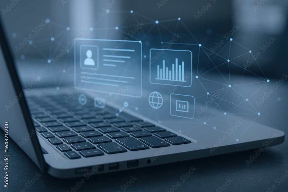 Poster laptop displaying abstract data visualizations, perfect for illustrating concepts of technology, dat