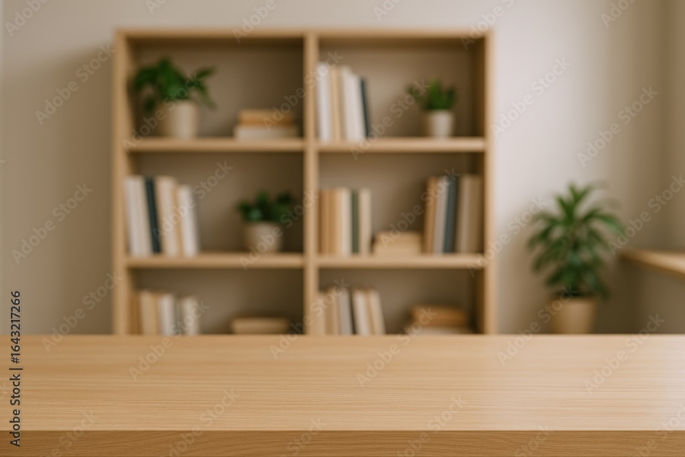 Poster blurry bookshelf background with wooden desk foreground for product mockups and display templates