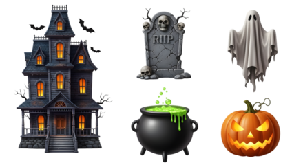 Collection of halloween icons including a haunted house, ghost, jackolantern, tombstone, and cauldron, isolated on transparent background