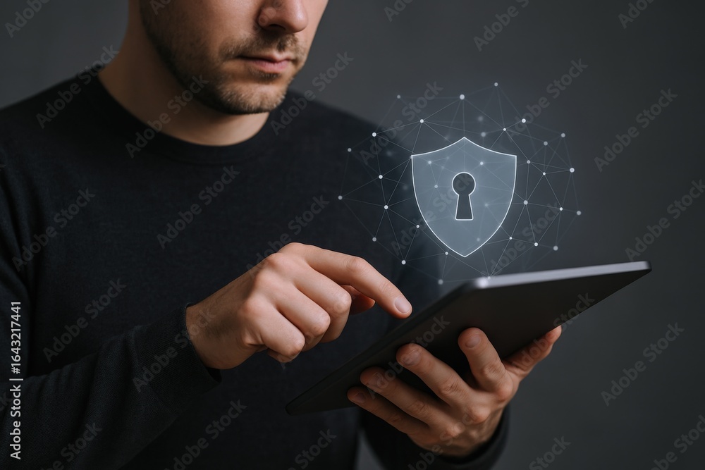 Poster Man using tablet with digital security shield, representing data protection and cybersecurity measures