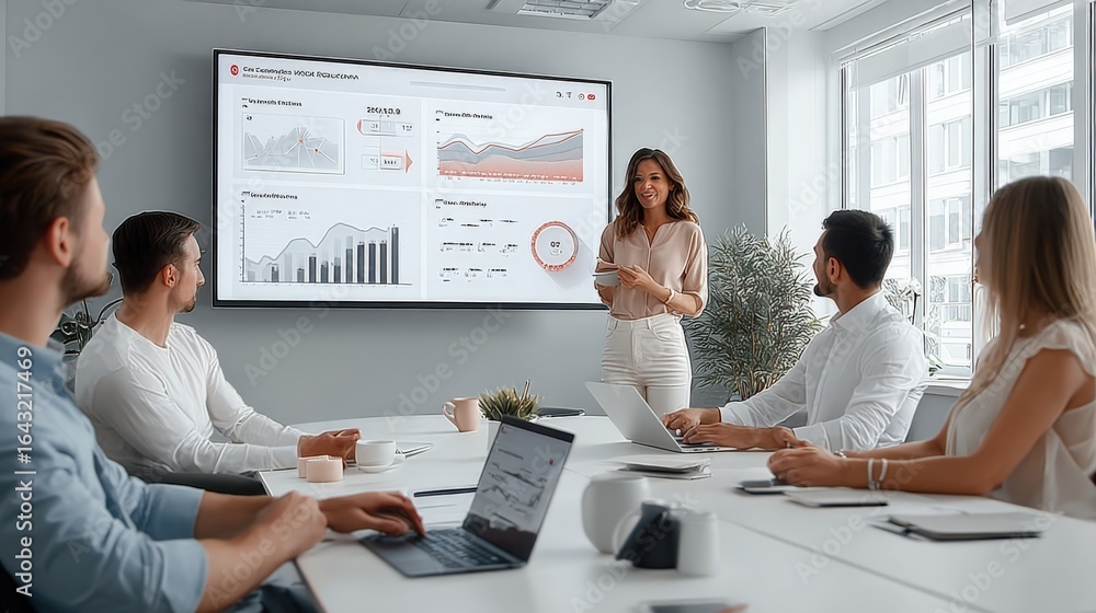 Aufkleber business presentation with charts: a modern meeting with data-driven insights and team collaboration