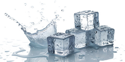 Crystal clear ice cubes splashing into refreshing water with droplets on white background. Perfect for beverage, freshness, and cooling concepts. High-resolution macro photography.