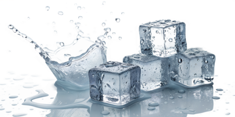 Crystal clear ice cubes splashing into refreshing water with droplets on white background. Perfect for beverage, freshness, and cooling concepts. High-resolution macro photography.