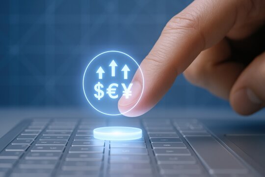 Financial Growth Concept: Finger pressing glowing button showing currency symbols and upward arrows on laptop